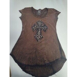 Velvet Stone Women’s Tshirt Size Medium Cross Leopard Rhinestones Brown